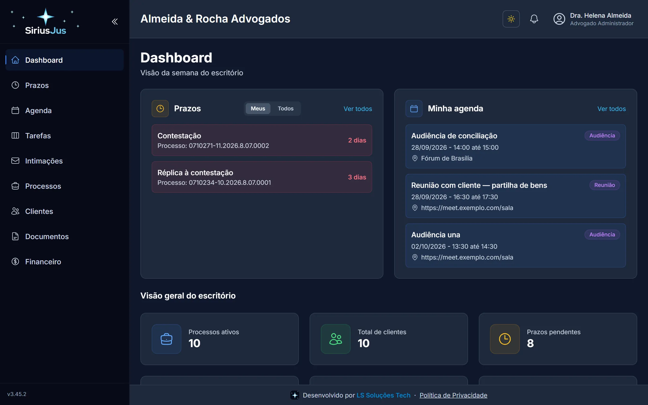 Painel do Sirius Jus com resumo de prazos, compromissos e honorários